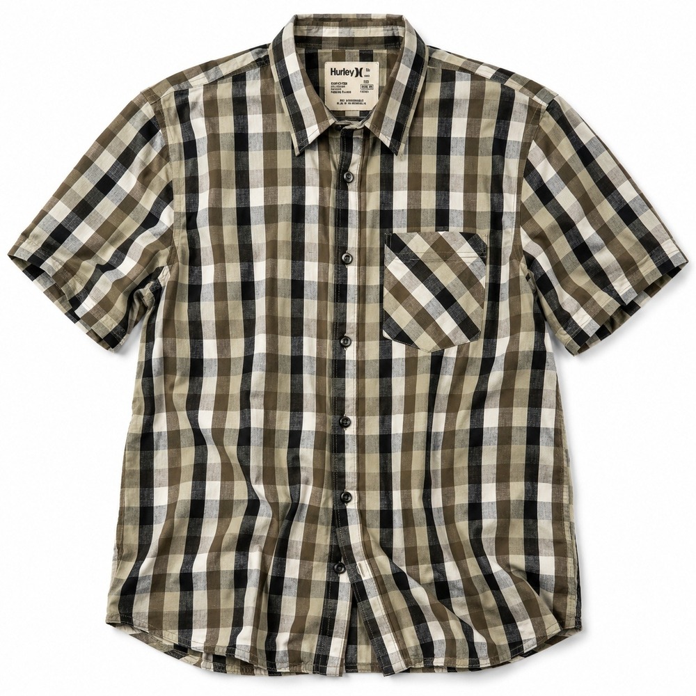 Y2K Hurley Plaid Button Up Shirt Brown Cotton Linen Short Sleeve Men's Medium